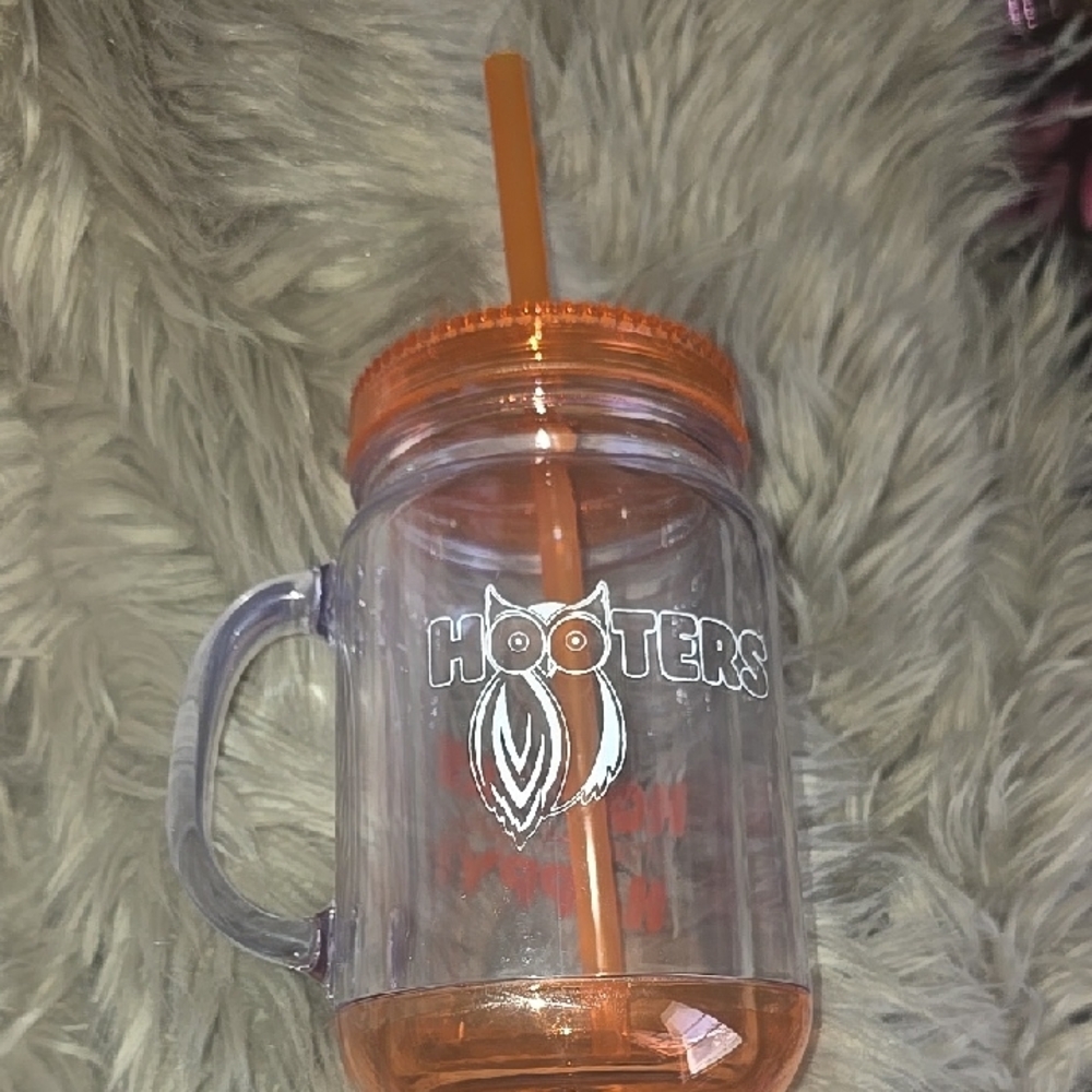 Hooters Transparent Tumbler with Orange Lid and Straw